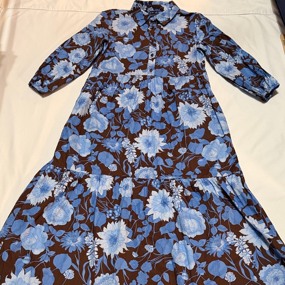 Rachel Zoe Cotton Floral Blue&Brown Tiered Maxi Dress S NWT